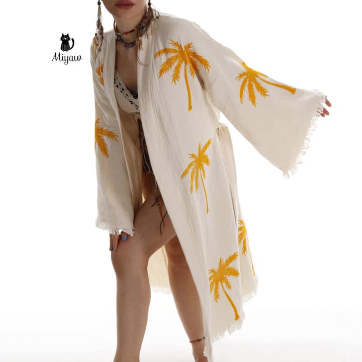 Pure & Chic, LLC - Miyawfashion - Vente Peignoir – femme - Kimono robe de plage bohème en coton biologique avec tampon palmier, fait main2