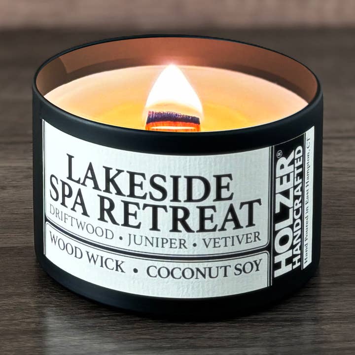 Holzer Handcrafted ® - Wholesale Jar/Filled Candle - Wood Wick Candle Lakeside Spa Retreat - Driftwood + Juniper + Vetiver Scented | Natural | Hand-poured Coconut Soy Wax | 6 oz Modern Black Tin with Lid | Handmade | Non-toxic Phthalate-free Luxury Fragrance