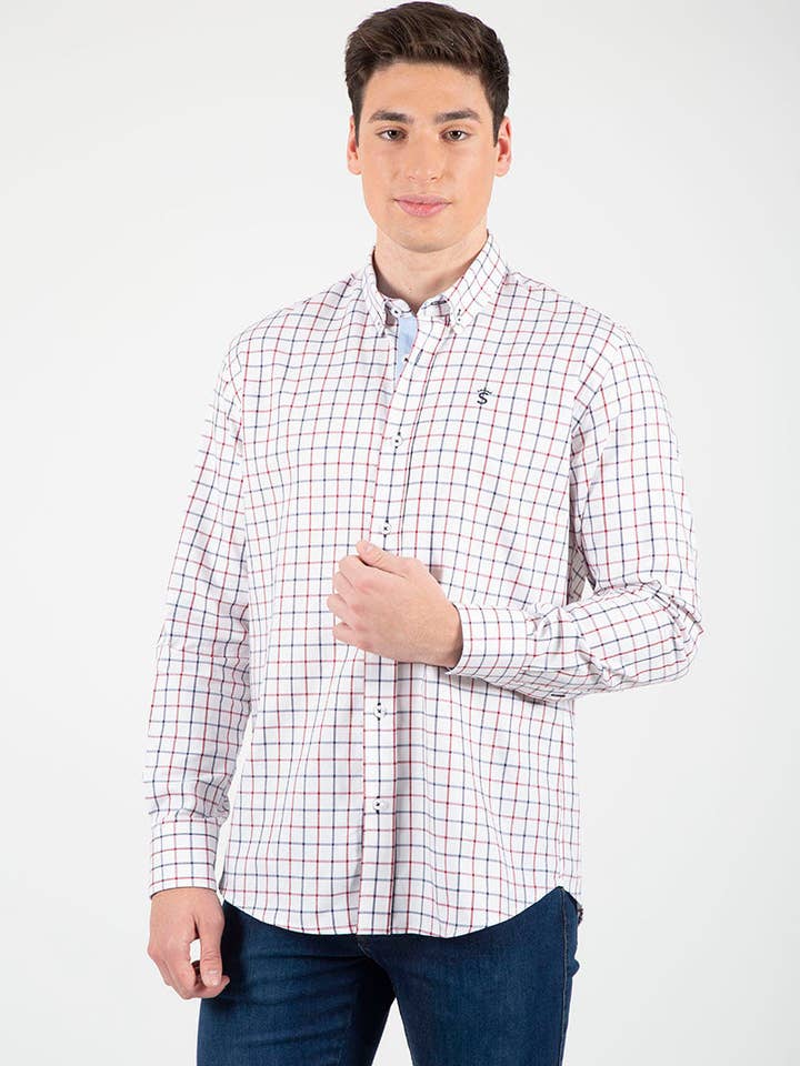 Solera – Camisa de botões - Homem por atacado – Camisa xadrez vermelha Viyela azul marinho