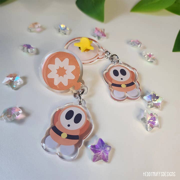 Shy Guy Acrylic Pin + Dangle Charm (Mario Inspired) for wholesale by Teddymuffs Designs
