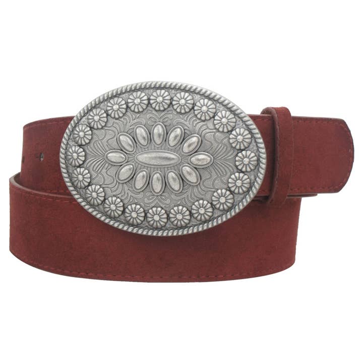ARTISAN FLOWER OVAL BUCKLE MICROSUEDE BELT, IW 38077SDEBSL for wholesale by JOIA ACCESSORIES