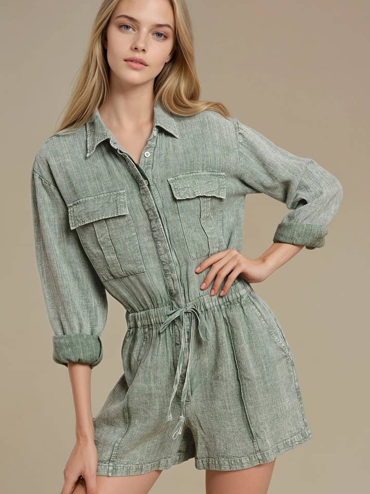 MINERAL WASH LINEN ROMPER WITH ELASTIC WAIST - 4416 SAGE for wholesale by WISTERIA LANE
