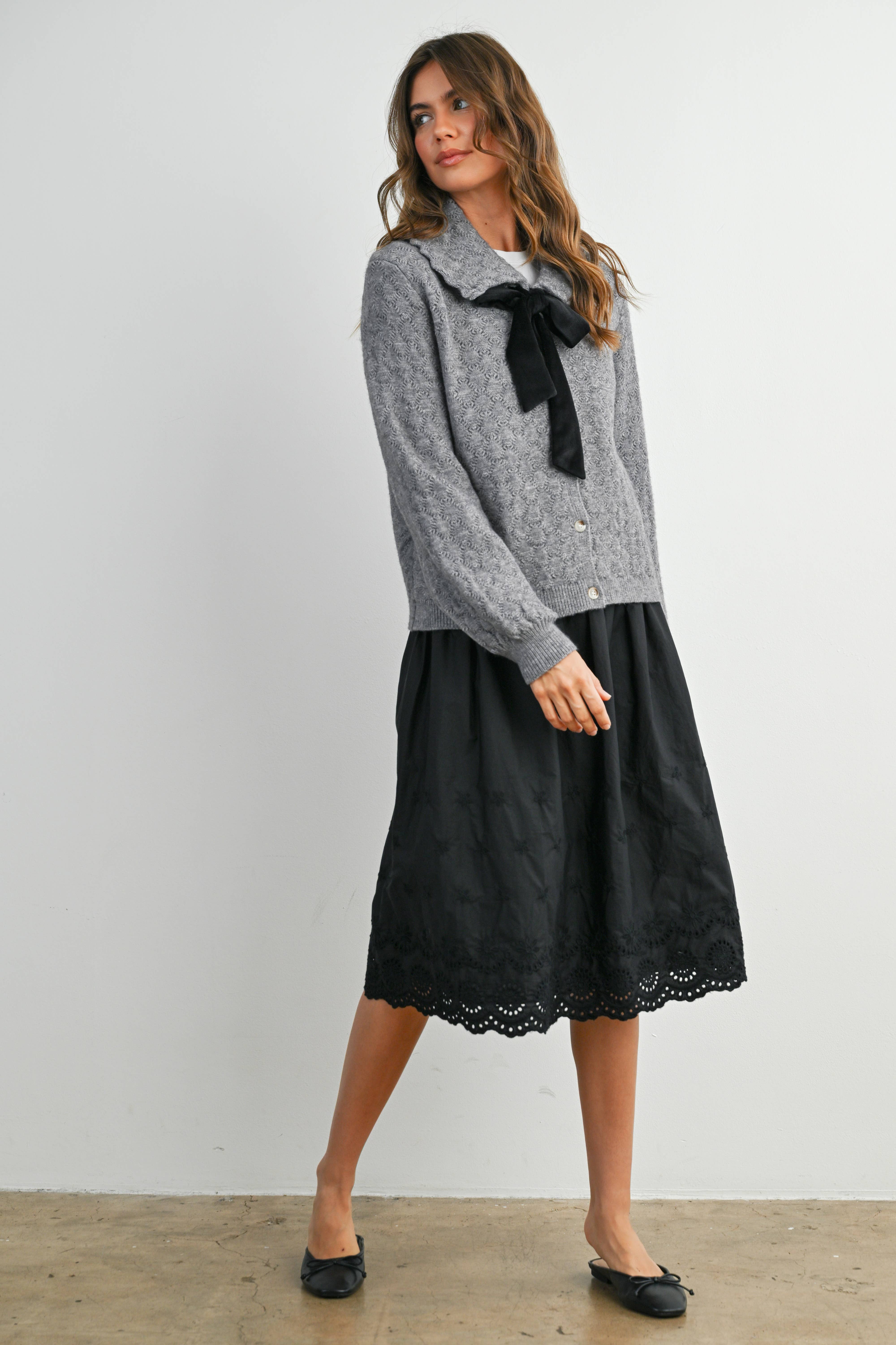 BUTTERMELON - Wholesale Cardigan - Women's - Button-Up Bow Front Collared Long Sleeve Top - BMC777625
