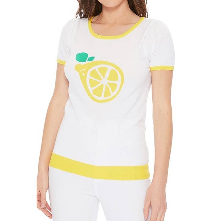 JAUNE T-shirt à col rond à manches courtes et imprimé citron MK32001 en vente sur Faire5