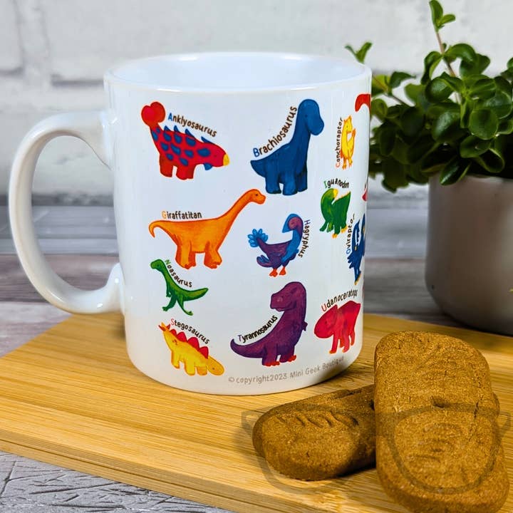 A to Z of dinosaurs ceramic 11oz mug for wholesale by Mini Geek Boutique