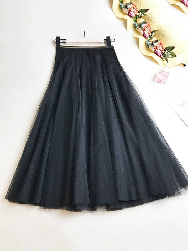 Sheer Trend - Wholesale Skirt - Women's - Solid Color Loose Elastic-Waist Mesh Skirt0
