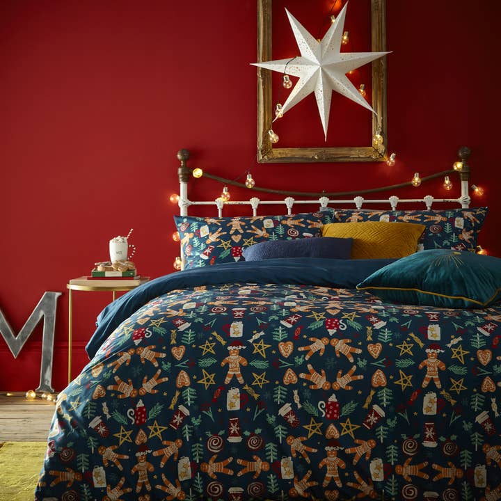 Yuletide Treats Pyjama Fleece Christmas Duvet Cover Set Navy for wholesale on Faire