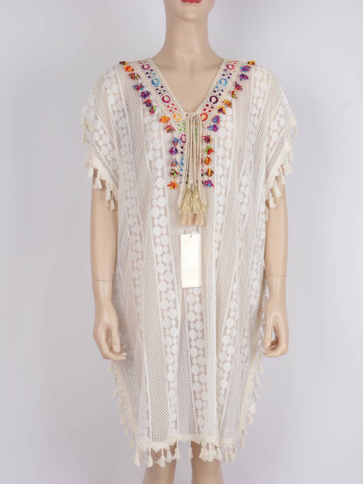 Couvre-lit de plage à franges et col en V multicolore décoré en dentelle KG53 pour la vente par Rising International Inc