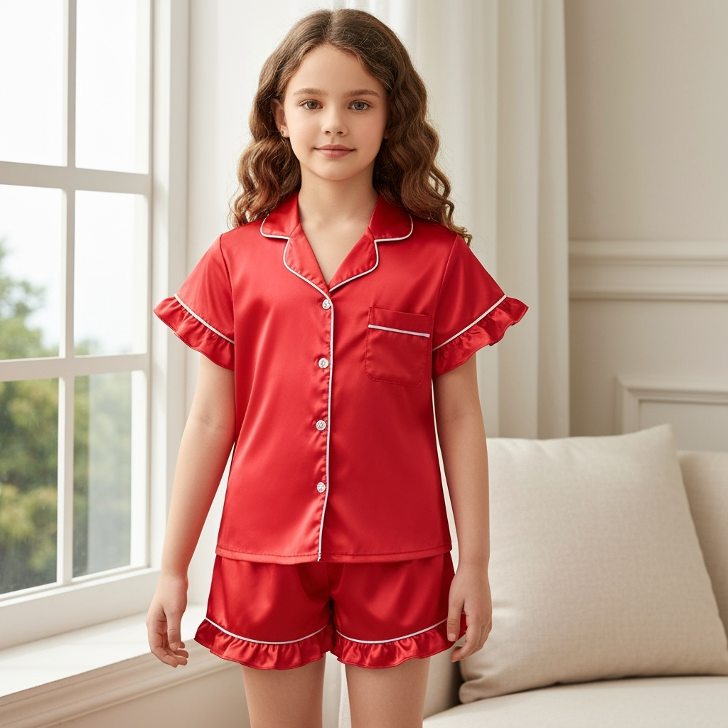 The Blissful - Wholesale Pyjamaset - Kinderen - Meisjes Gepersonaliseerde Satijnen Korte Pyjamaset met Ruchesrand2