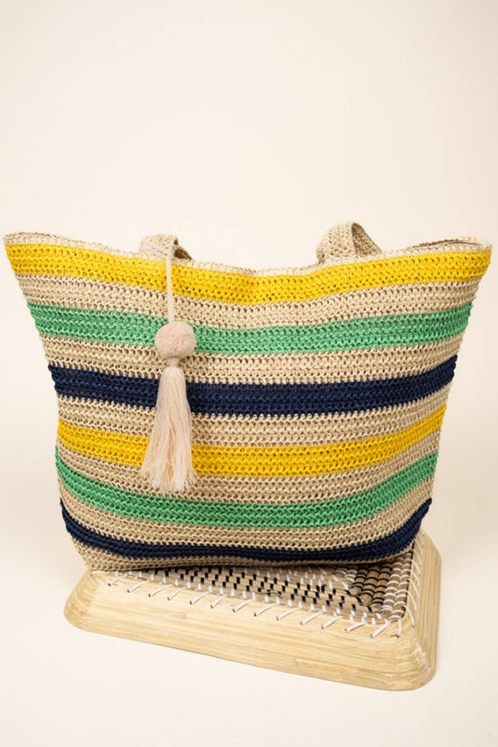 MiMi Wholesale - Wholesale Tote Bag - Women's - Amara Striped Crochet Women's Tote Bag with Tassel8