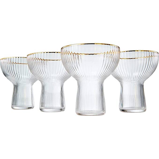 The Wine Savant / Khen Glassware - Wholesale Cocktail/Liquor Glass - Ribbed Stemless Margarita & Cocktail Gilded Glasses - 4 set