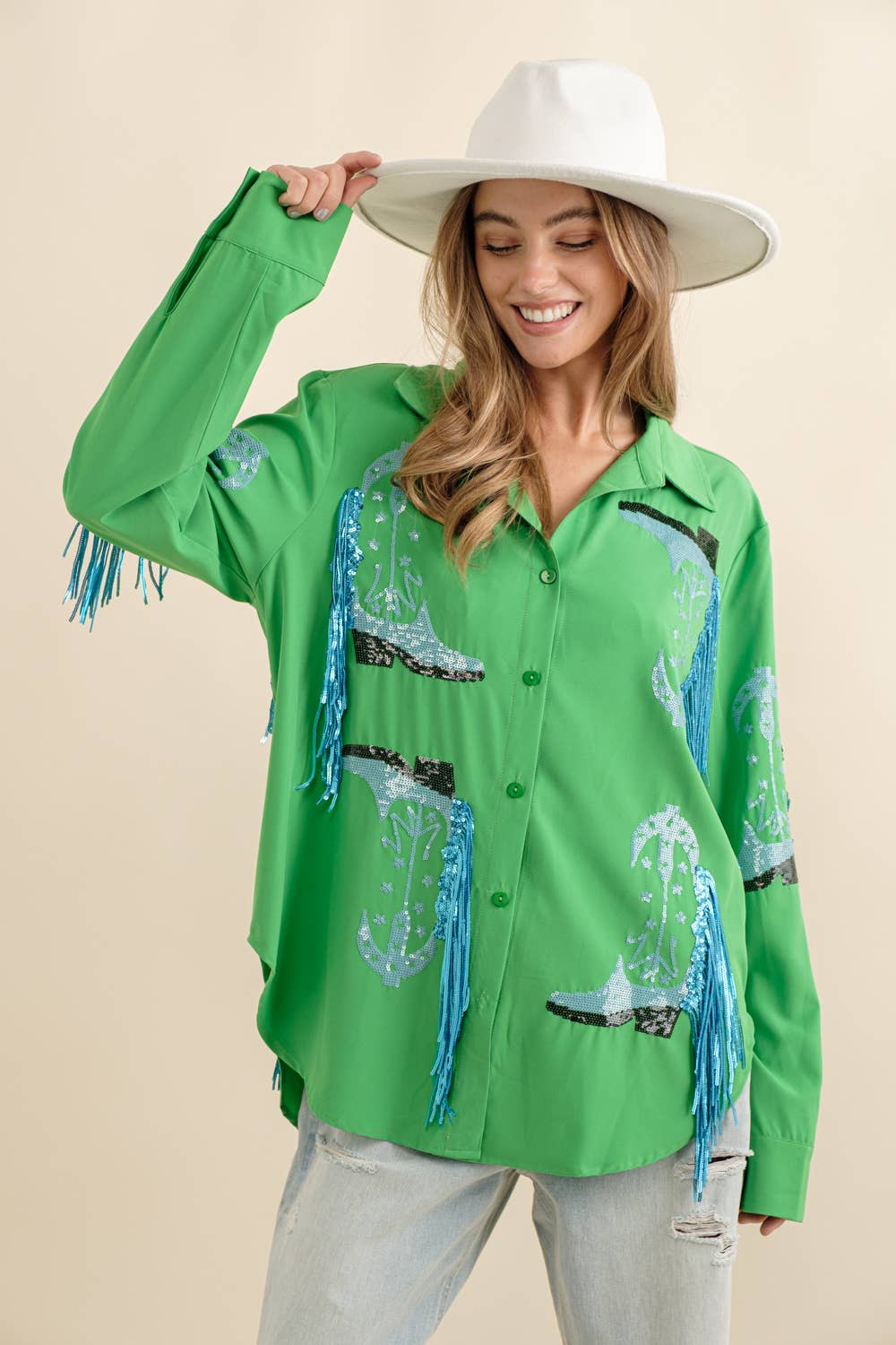 Blue B - Wholesale Button Down Shirt - Women's - 32615T - Western Cowboy Fringe Boots Shirt6