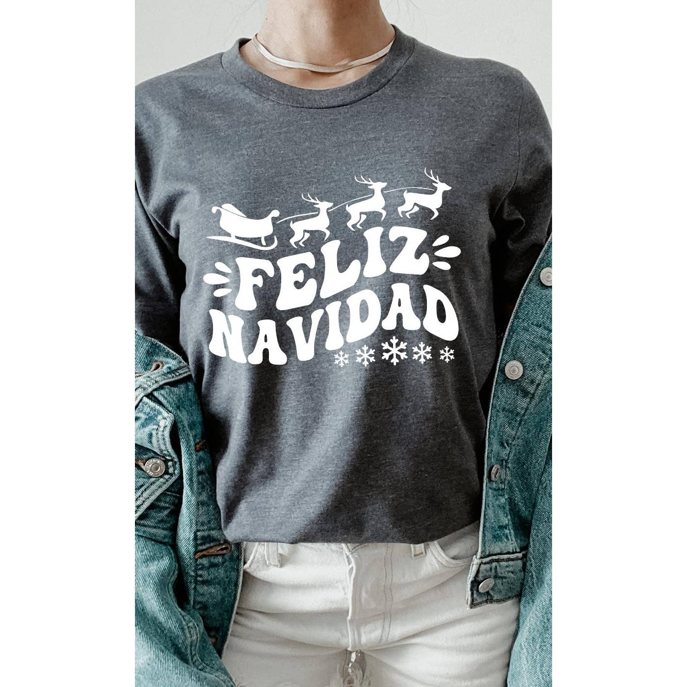 Kissed Apparel - Wholesale Screen Printed T-Shirt - Women's - Sleigh and Reindeer Feliz Navidad Graphic Tee1