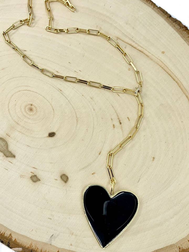Large Black Enamel Heart On "Y" Shiny Gold Paperclip Chain for wholesale by BMR