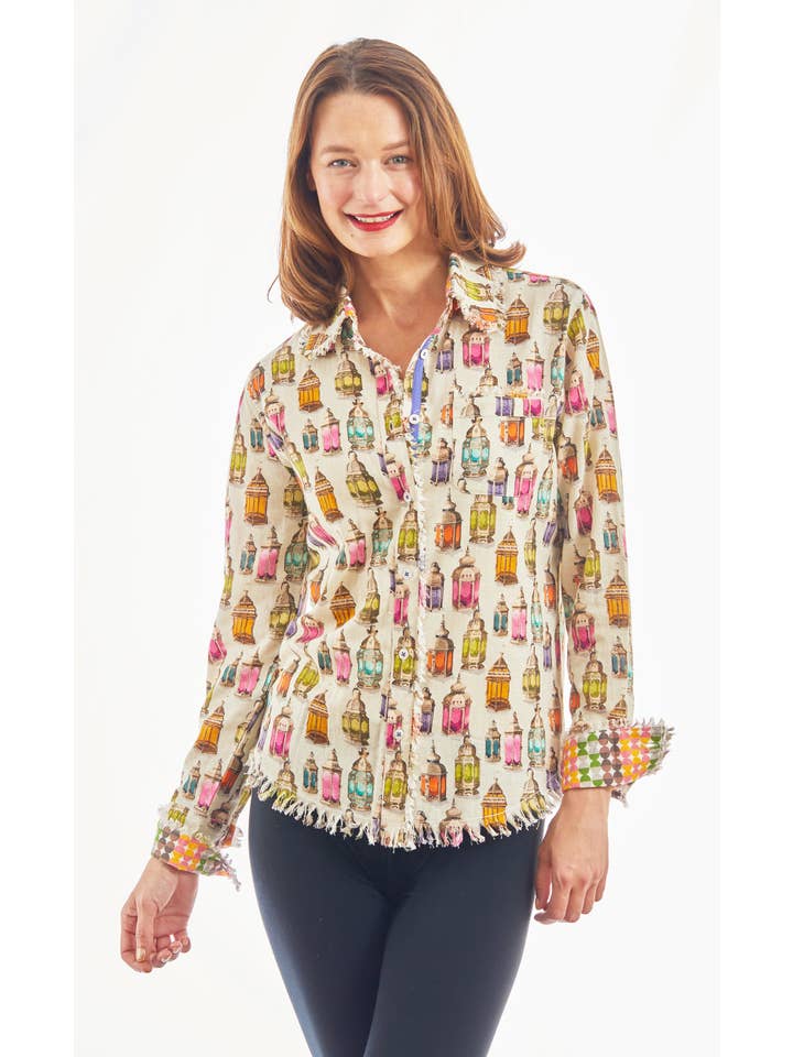 Dizzy-Lizzie - Wholesale Button Down Shirt - Women's - Cape Cod Tunic Moroccan Lantern Print Linen Cotton
