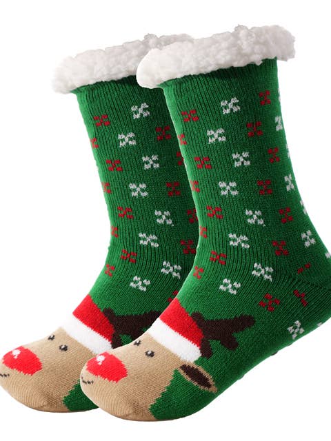 Snazzy Santa - Wholesale Socks - Unisex - Cozy Socks Green with Rudolph