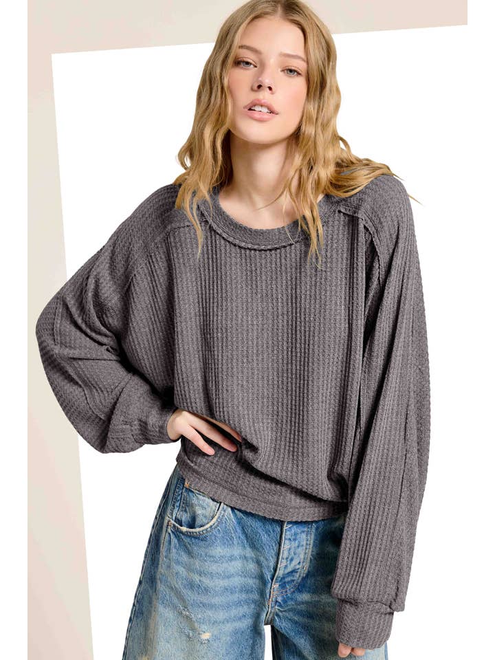 La Miel - Wholesale Knit Top - Women's - HAT7565-Brushed Waffle Fabric Loose Fit Long Sleeve Top16