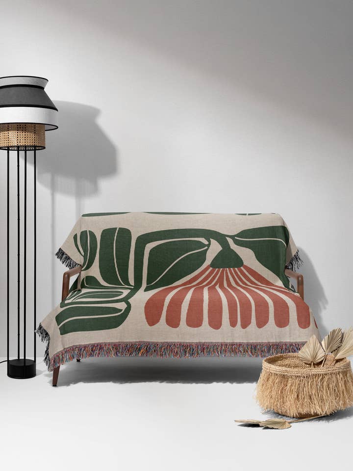 Beige Rust And Green 60s Hippie Matisse Floral Woven Blankets for wholesale by TaylorBassam