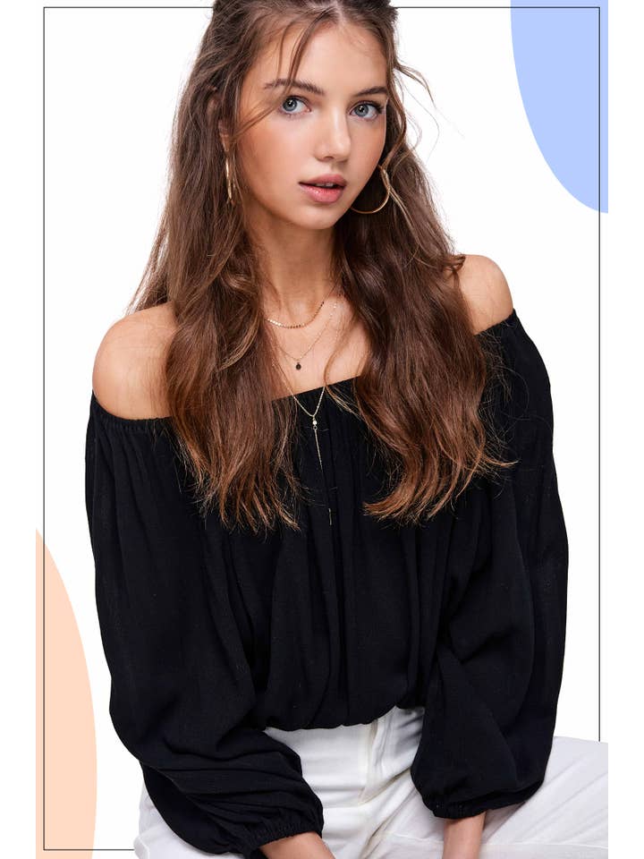 La Miel - Wholesale Blouse - Women's - HAT7501-Breathable Fabric Off Shoulder Balloon Sleeve Top