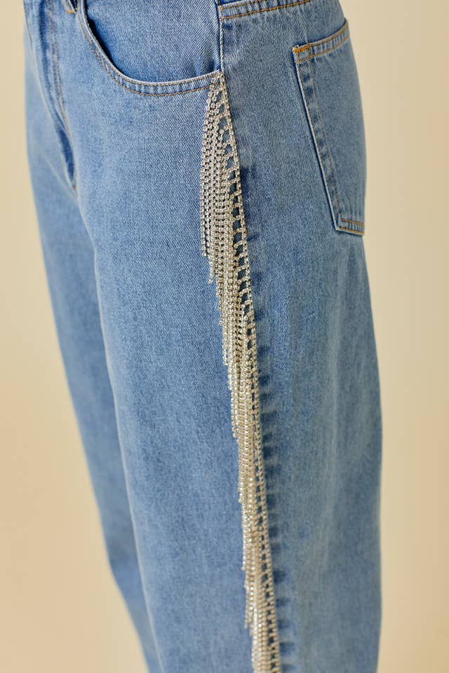 Side And Back Rhinestone Fringe Trim Denim Pants for wholesale on Faire4