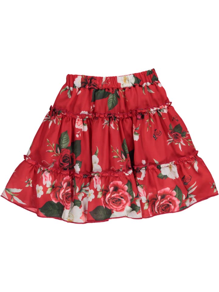 Red skirt with floral pattern and ruffles for wholesale by Piccola Speranza
