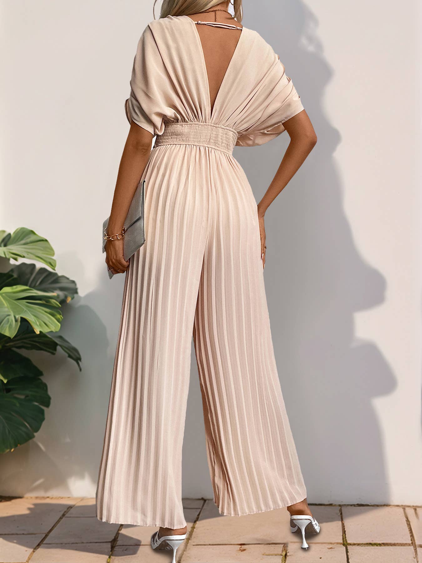 Apricot V-Neck Fitted waist Pleated Wide-Leg Jumpsuit for wholesale on Faire2