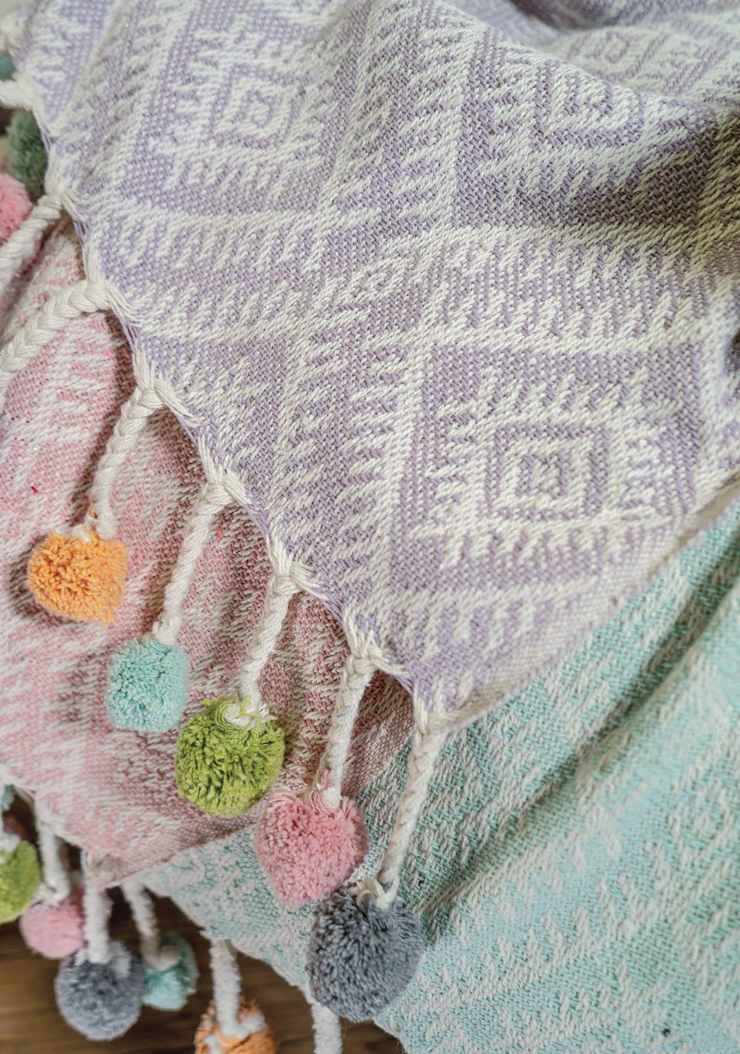 Pistachio PI  Recycled Cotton Throw,with Pom Poms for wholesale on Faire1