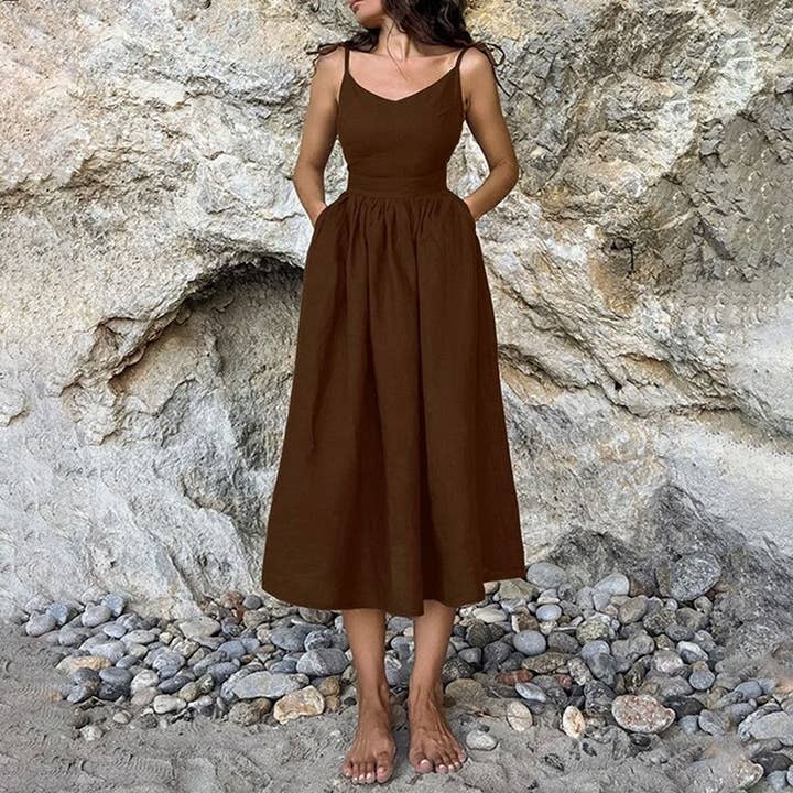 Sheer Trend - Wholesale Dress - Women's - Backless V-Neck Strappy High Waist Halter Dress0