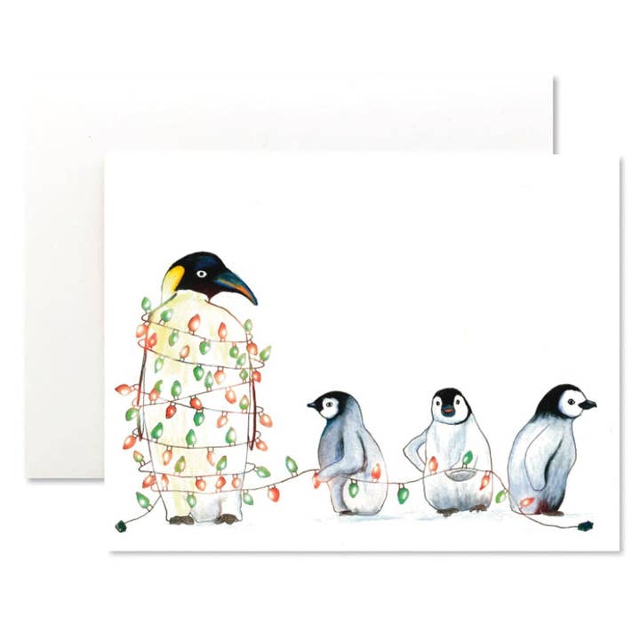 Penguins with Christmas Lights Card for wholesale by Mabel Paper Co.