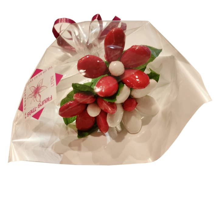 Mini bouquet 3 red white daisies chocolate dragees for wholesale by Fleurs-Thés en chocolat