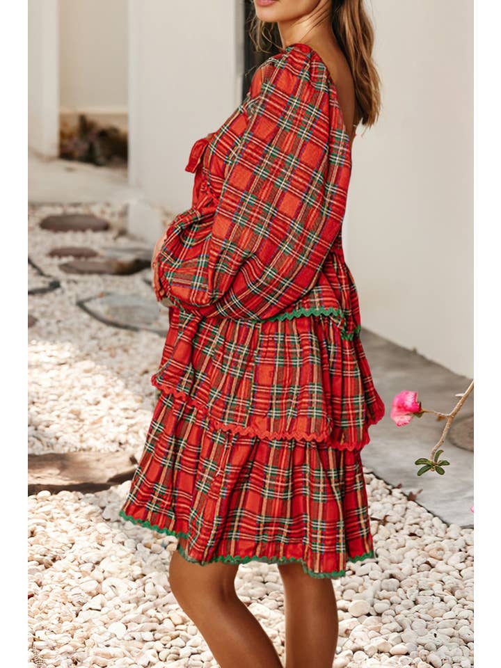 Red LDC Polished Plaid Tiered Mini Dress for wholesale on Faire1