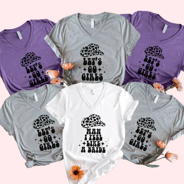🍾 Man I Feel Like a Bride Bachelorette Party Matching V-Neck T-Shirts 💍 for wholesale by Adorb Custom Tees