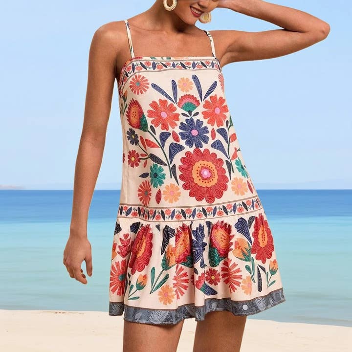 Funkyrel® Atzbranding Limited - Wholesale Dress - Women's - High-Waist Printed Strappy Sundress
