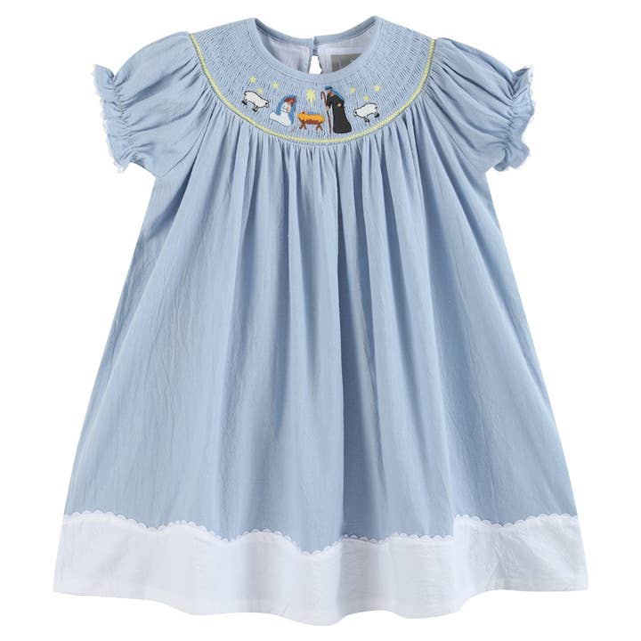 Light Blue Nativity Smocked Bishop Sleeve Dress for wholesale by Lil Cactus
