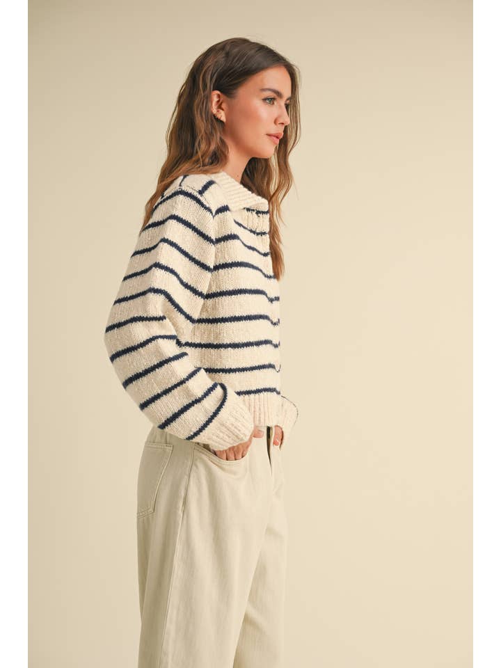 MIOU MUSE - Wholesale Cardigan - Women's - J3936 BUTTONDOWN STRIPED KNITTED CARDIGAN