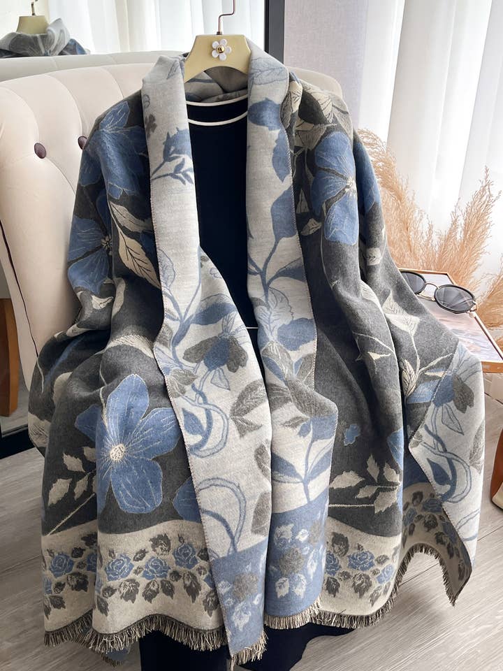 Blue / Gray Vintage Floral Reversible Wrap for wholesale by Winding River