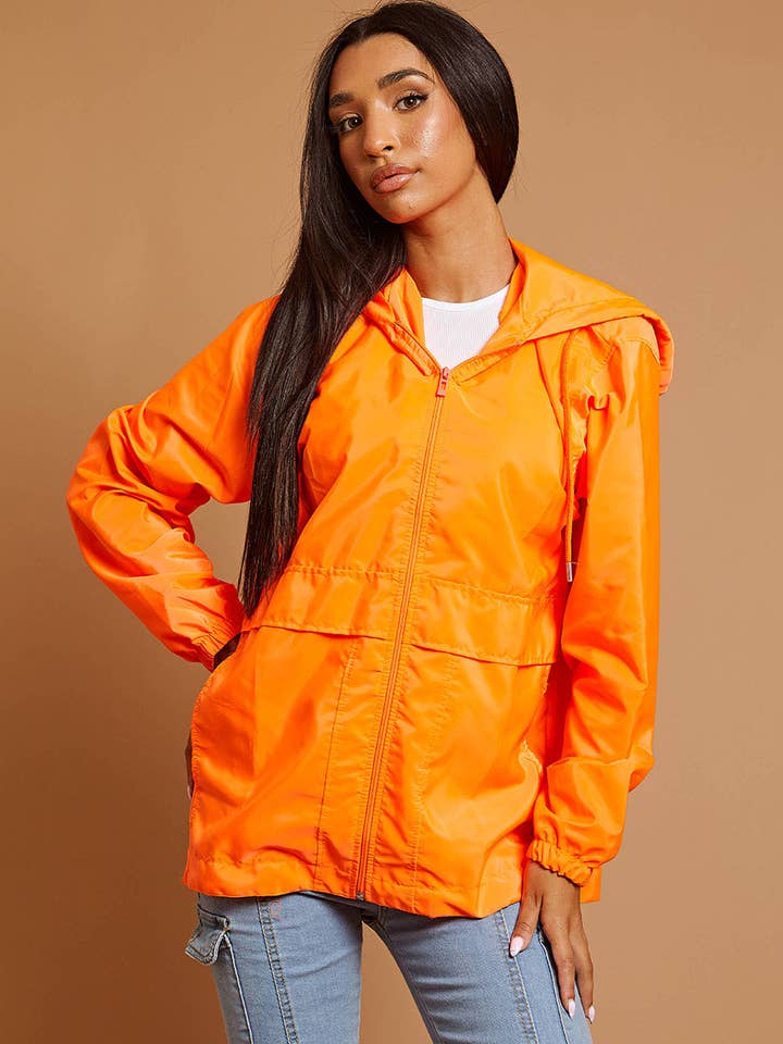 Neon Orange Oversized Hooded Festival Rain Jacket for wholesale on Faire