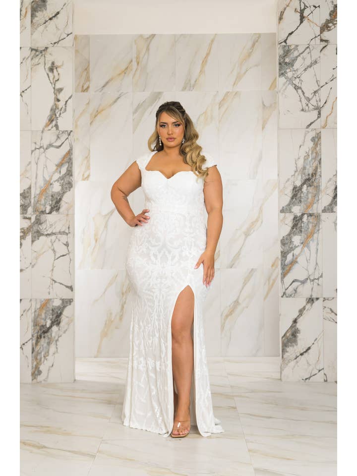 RICARICA INC. - Wholesale Gown - Women's - P2140P1- PLUS SIZE CAP SLEEVE SEQUIN MAXI DRESS-OPEN SIZING