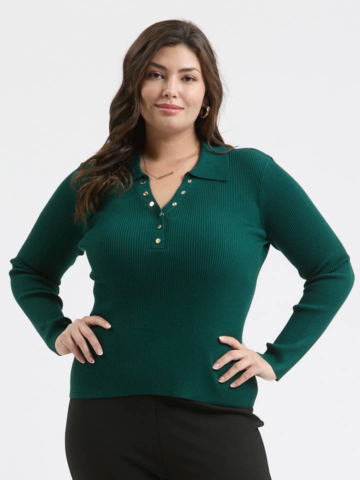 PLUS COLLARED GOLD SNAP BUTTON LONG SLEEVE SWEATER for wholesale by The Workshop Studio