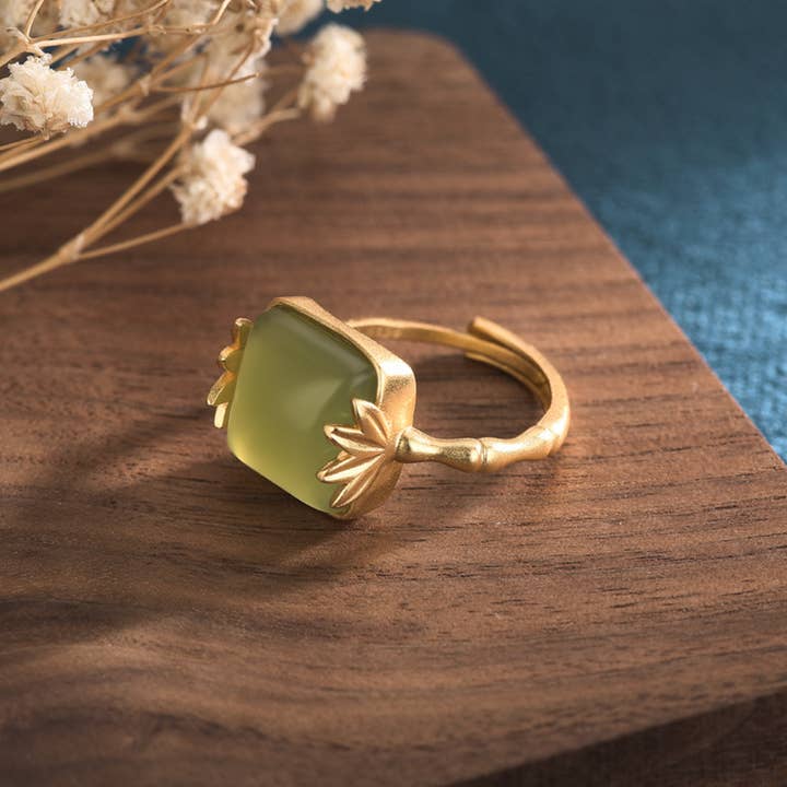 Bright MacMing - Wholesale Single Stone/Solitaire Ring - Golden Bambbo Over Jade Open Ring4