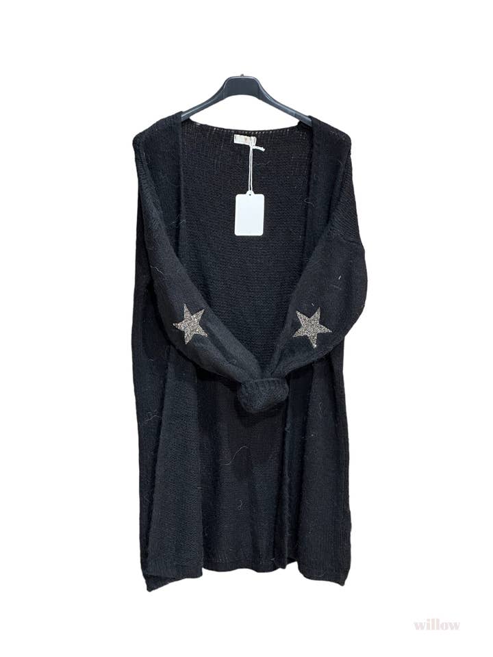 MOONSUN – wholesale Kofta - Dam – Tjock lång kofta med mohair och stjärnor vid armbågarna #3559 -1