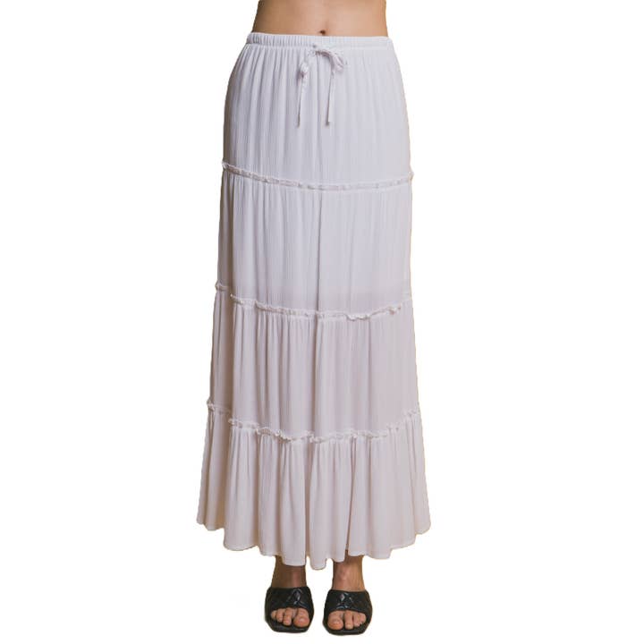 Tiered Drawstring Maxi Skirt with Soft Layers and Easy Fit for wholesale by Blue Bunny Inc