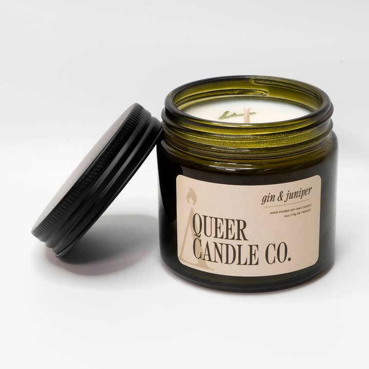Gin & Juniper (holiday seasonal scent) for wholesale by Queer Candle Co.