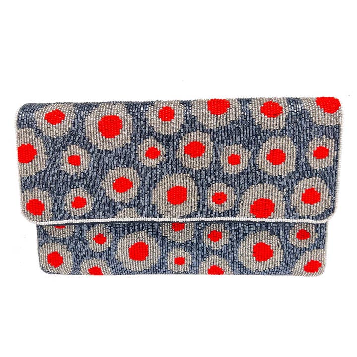 BLUE & RED SPACIAL DOTS BEADED CLUTCH for wholesale by Pizzazz, Inc.