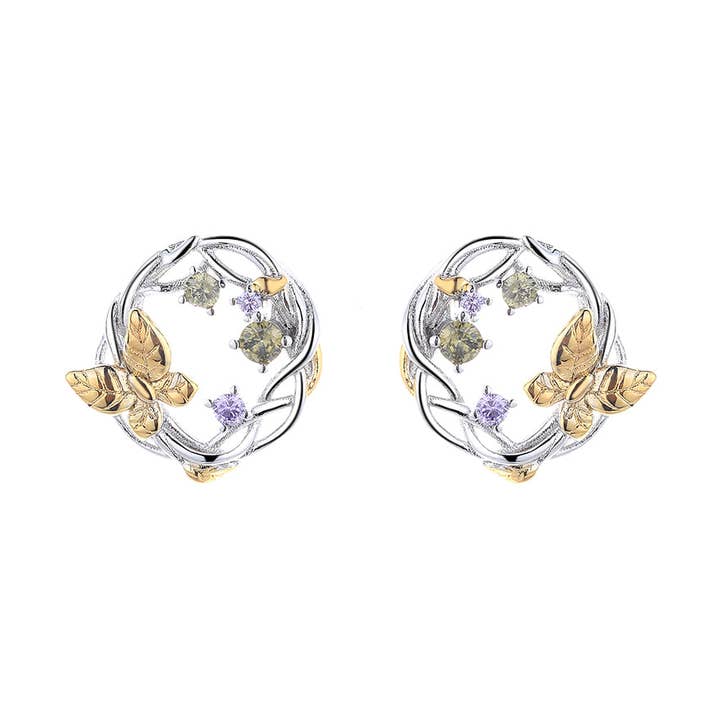 Boucles d'oreilles bicolores en or 14 carats avec fleurs et pierres précieuses pour la vente par Amy and Annette