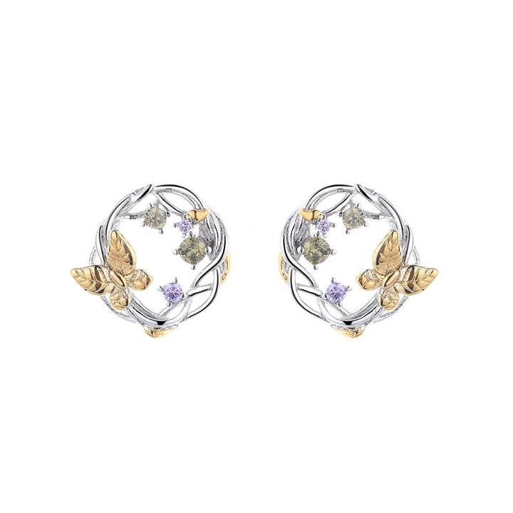 14K Gold Two-Tone Floral and Gemstone Earrings for wholesale by Amy and Annette