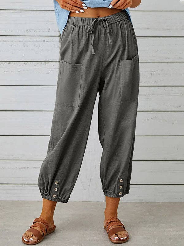 Plush Looks - Wholesale Pants - Women's - High Waisted Loose Buttoned Drawstring Elasticity Pockets Split-Joint Ninth Pants Trousers7