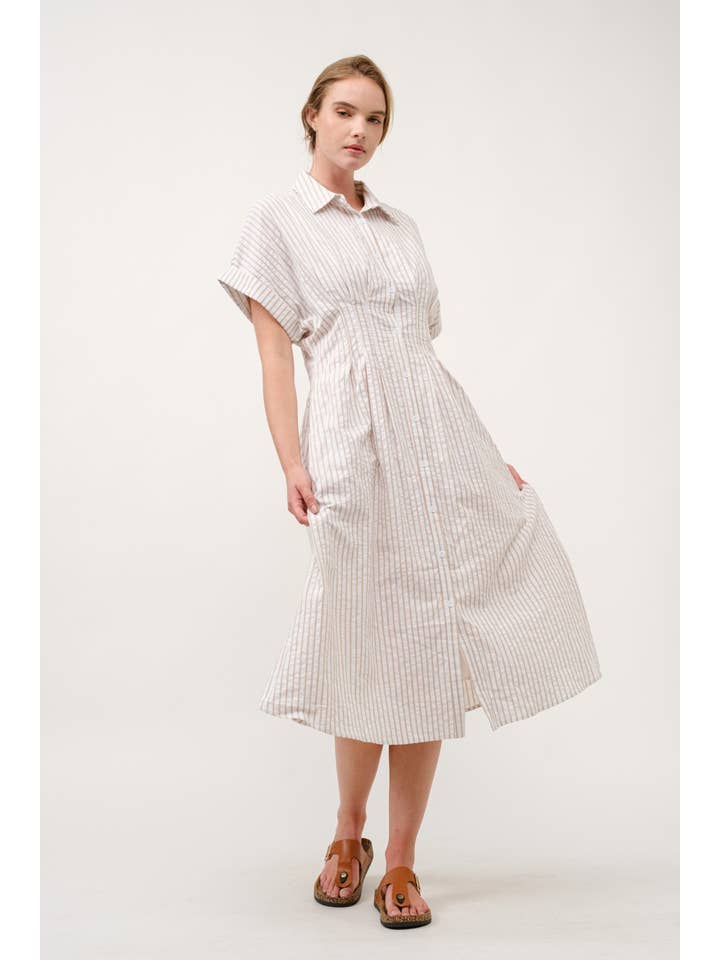 AIBLEE - Vendita all'ingrosso Vestito - Donna - Abito Midi a Righe con Colletto e Bottoni - TAPUE9