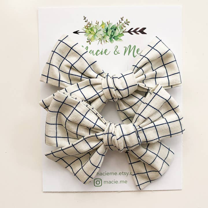 Navy Grid Schoolgirl Bow(s) for wholesale by Macie & Me