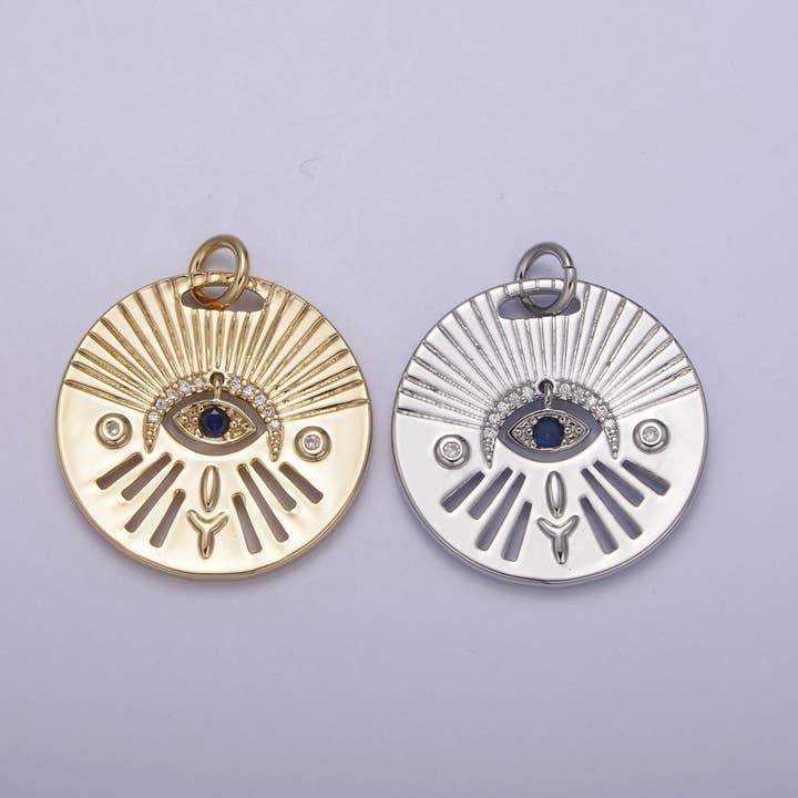 14K Gold Filled Evil Eye Charm, Gold Disc Evil Eye Pendant, Cubic Medallion Coin Charm, Amulet Talisman Pendant N-763 N-764 for wholesale by Aim Eternal